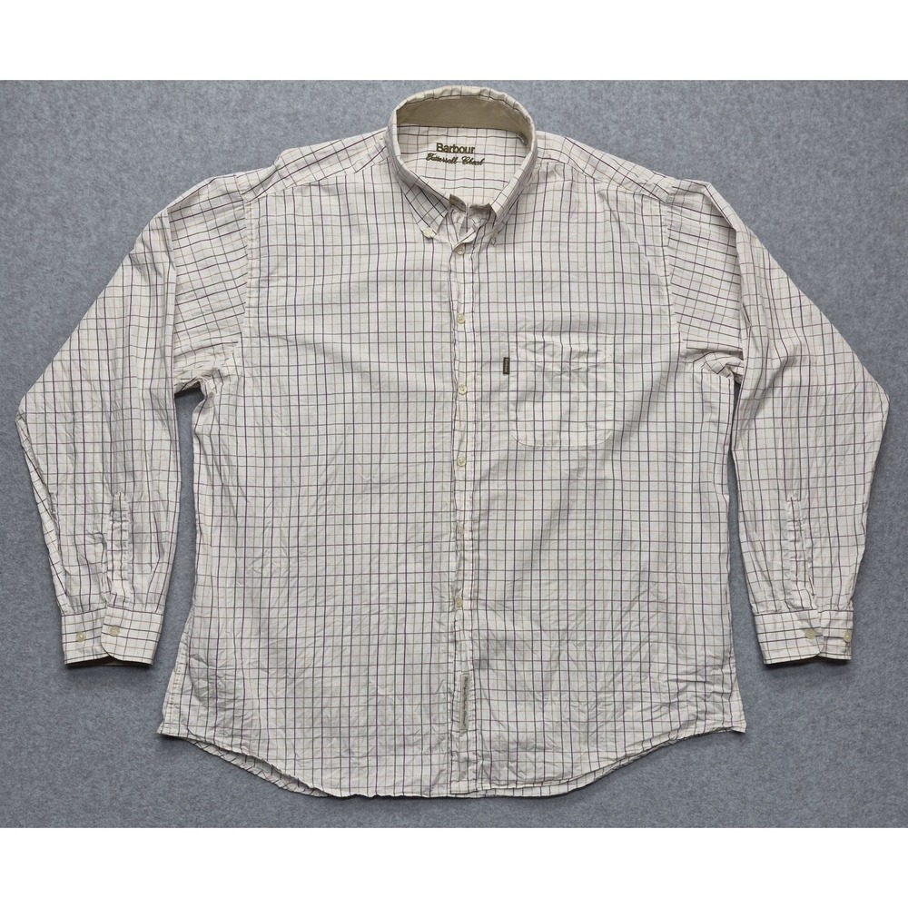 Barbour Shirt Mens XL Beige Plaid Tattersall Grid Check Long Sleeve Button Up